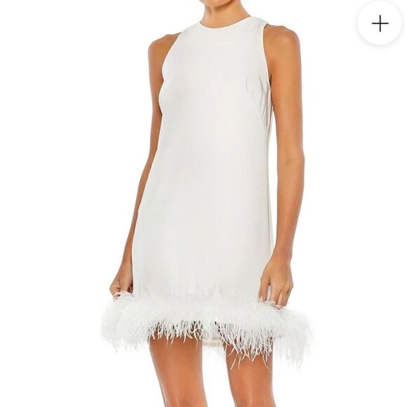 Mac Duggal 55804 White Feather Trim Mini Dress| Size 14 - Picture 1 of 9